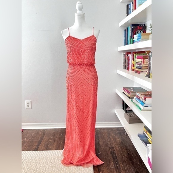 Aidan Mattox Coral Spaghetti Strap Blouson Beaded Mesh Formal Gown size 4 - Picture 1 of 15